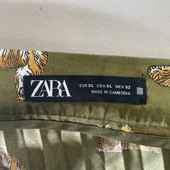 Zara Olive Green Tiger Print Pleated Satin Maxi Skirt Women's Size XL - Picture 5 of 9